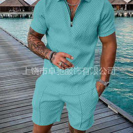 2024POLO拉链衫短袖套装独立站跨境欧美男装新款独立站货源休闲运