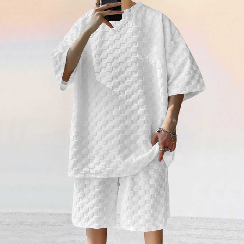 Ensemble 2 pièces pour homme avec t-shirt et short oversize à imprimé damier – Tenue décontractée pour l'été et l'automne (noir, gris, kaki, blanc) – S-XXXL_voghion.com