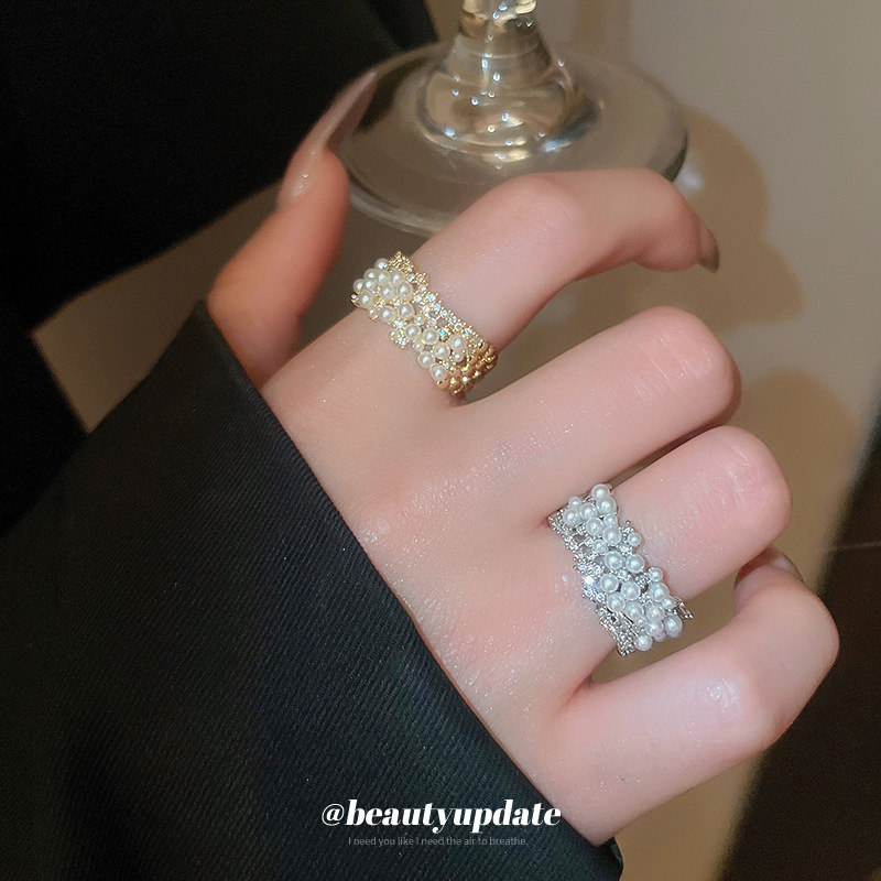 Real Gold Electroplated Pearl and Diamond Inlaid Light Luxury Open Ring with a High-End Feel, Index Finger Ring, 2026 New Fashion Ring