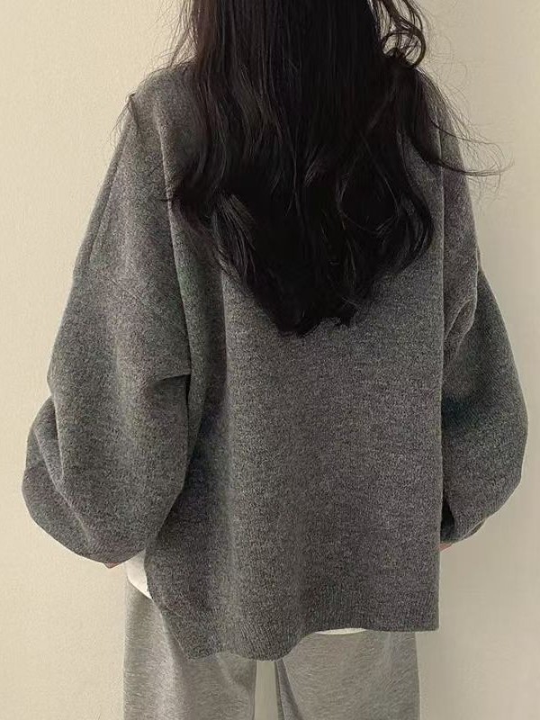 跨境外贸亚马逊TK欧美秋冬新款圆领侧开叉宽松灯笼袖女装针织毛衣|undefined
