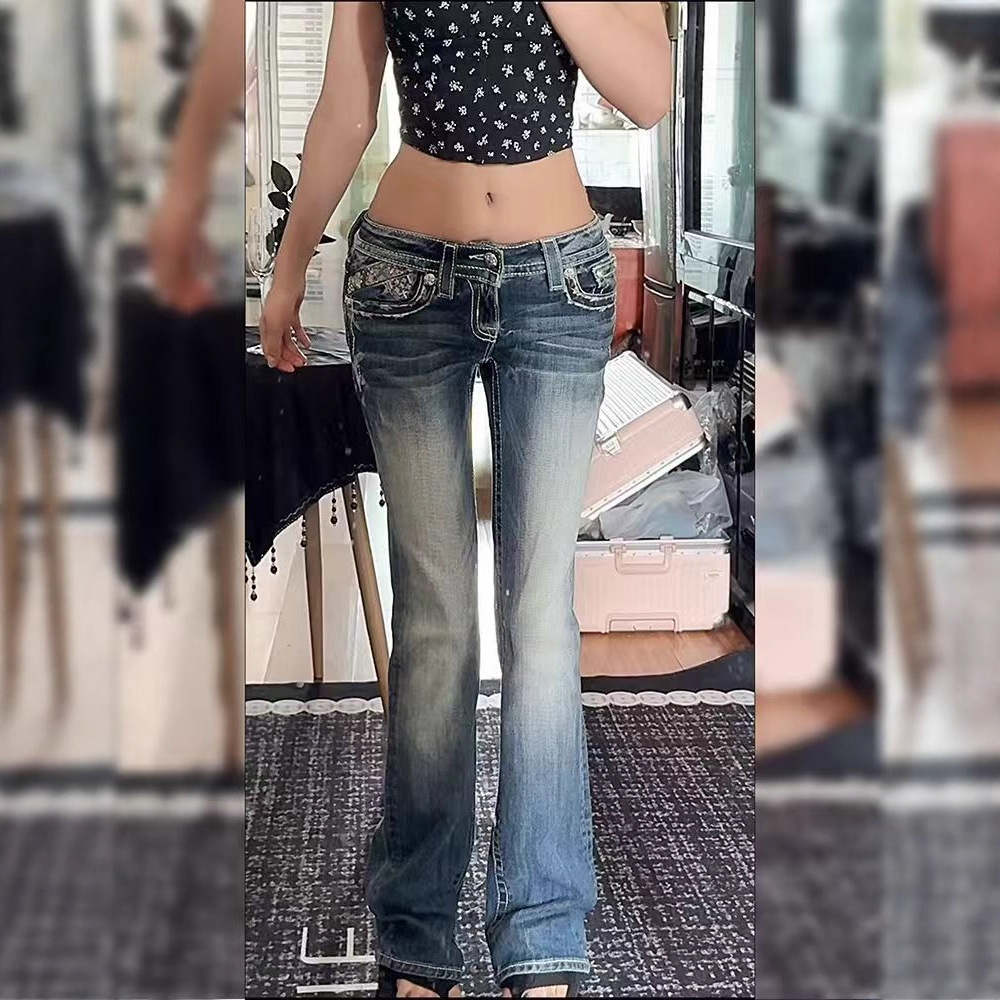 Women's plus Size Low Rise Distressed Washed Jeans Y2K Millennial Style Slim Fit Floor Length Casual Denim Pants_voghion.com