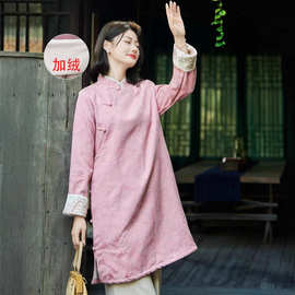 新款棉麻提花加绒加厚上衣中长款文艺立领保暖连衣裙宽松棉衣
