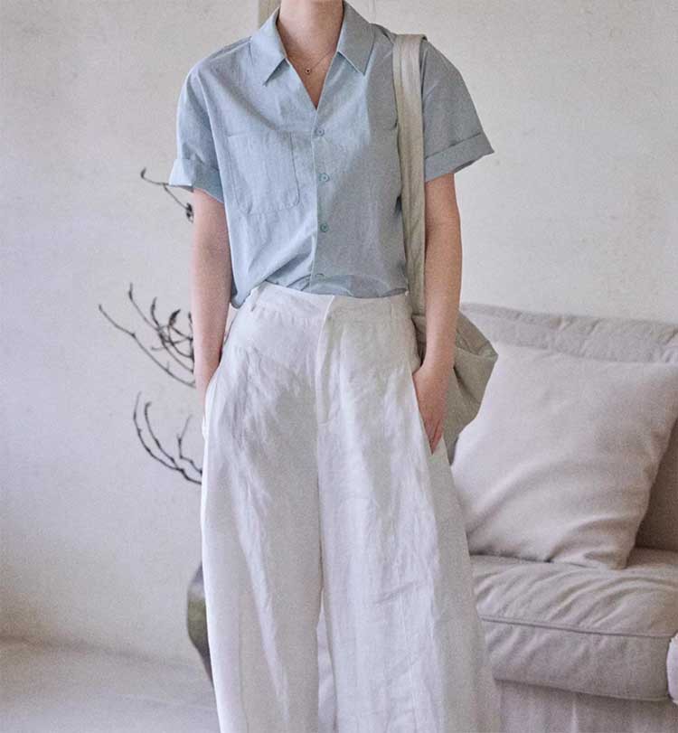 Áo sơ mi ngắn tay nữ cổ V phong cách Pháp chất liệu cotton — Áo xanh chi tiết 1