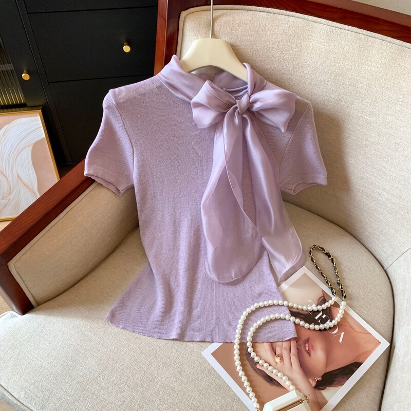 Spring and Summer New Style Bow Tie Collar Pullover Slimming Short-Sleeved Casual Knitted Sweater Top for Women Black Spring and Summer New Style Bow Tie Collar Pullover Slimming Short-Sleeved Casual Knitted Sweater Top for Women Black