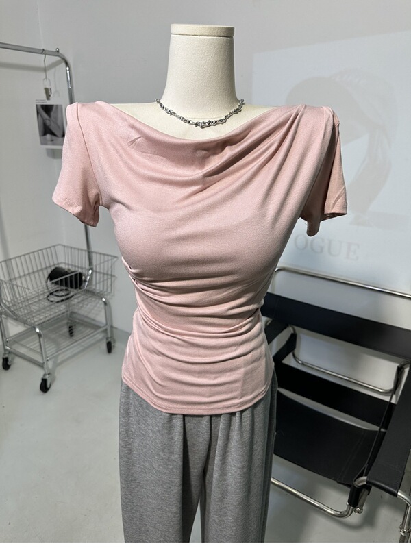 Texts online ~ swing collar pleated short sleeve T-shirt slim top summer new