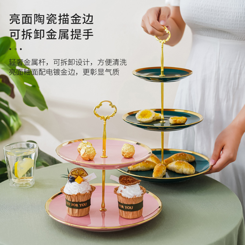 Plato de fruta de doble capa de lujo ligero hogar sala de estar mesa de café merienda plato de caramelo plato de fruta de cerámica de tres capas mesa de postre soporte de la torta