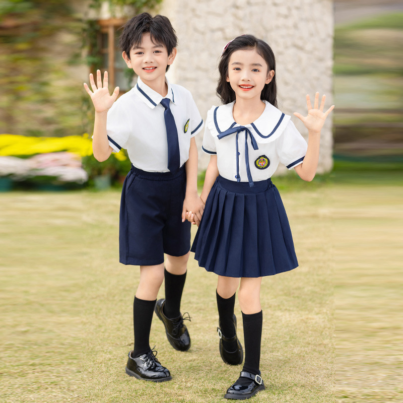 Summer English-style kindergarten uniform for primary school students, children's class wear, graduation photos, clothing set of pure cotton