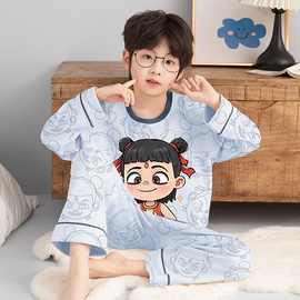 2025纯棉男童家居服套装圆领春秋季新款男长袖套头中大童睡衣