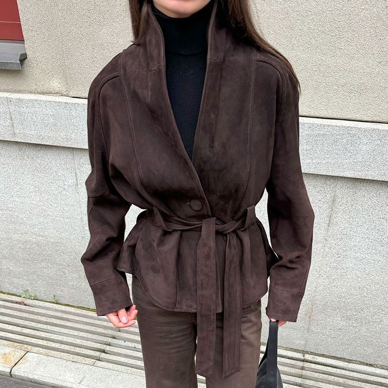 2025 Autumn/Winter New Vintage Suede Long Sleeve Jacket, Matte Velvet Coat for Women, Stylish and Casual, Cross-Border