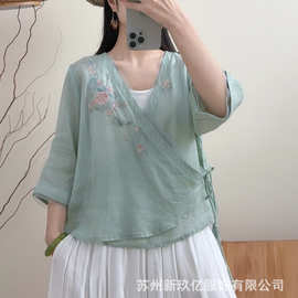 2026夏季苎麻绣花斜襟扇形系带中袖上衣女中国风复古禅意衬衫茶服