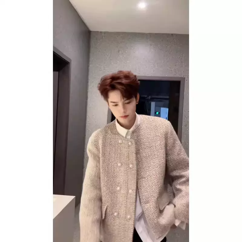 男模穿搭高级感小香风垫肩外套双排扣正肩无领西装轻奢毛呢夹克潮