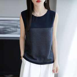 圆领天丝亚麻无袖条纹吊带背心女2026夏季欧货薄款拼色t恤上衣夏
