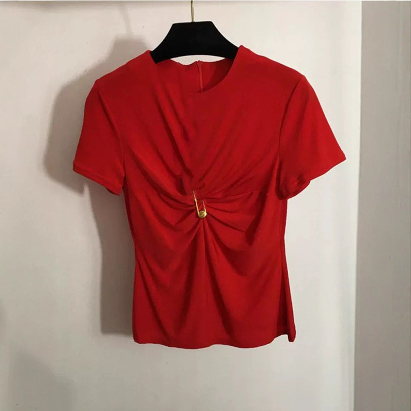 Retro Summer New Versatile Pin Pleated Round Neck Short-Sleeved Slim Women's Top Fashionable Asymmetrical Slimming Look T-Shirt Retro Summer New Versatile Pin Pleated Round Neck Short-Sleeved Slim Women's Top Fashionable Asymmetrical Slimming Look T-Shirt