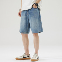 莱赛尔天丝浅蓝色牛仔短裤男夏季薄款冰丝美式潮牌宽松直筒五分裤