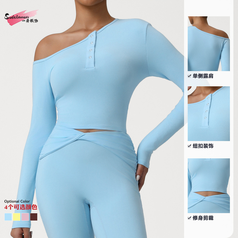 欧美ins网红斜肩瑜伽长袖运动打底衫女秋季修身显瘦健身服上衣T恤|undefined
