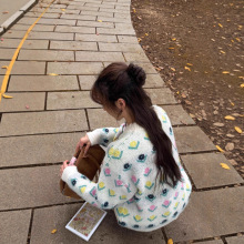 可爱减龄撞色花朵图案提花毛衣圆领套头加厚宽松显瘦针织衫上衣潮