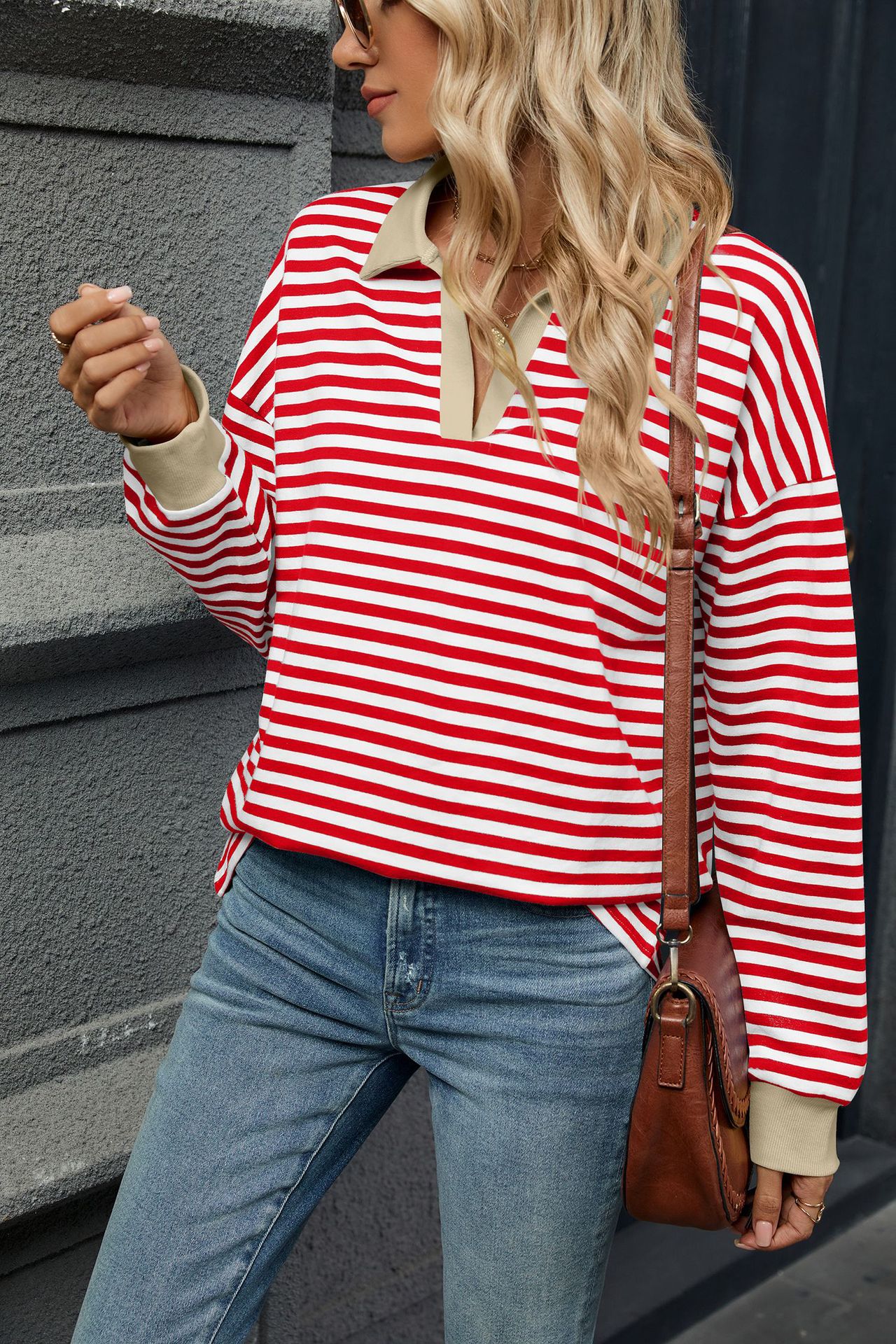 Autumn Winter Contrast Color Lapels Loose Long Sleeve Striped Sweater for Women