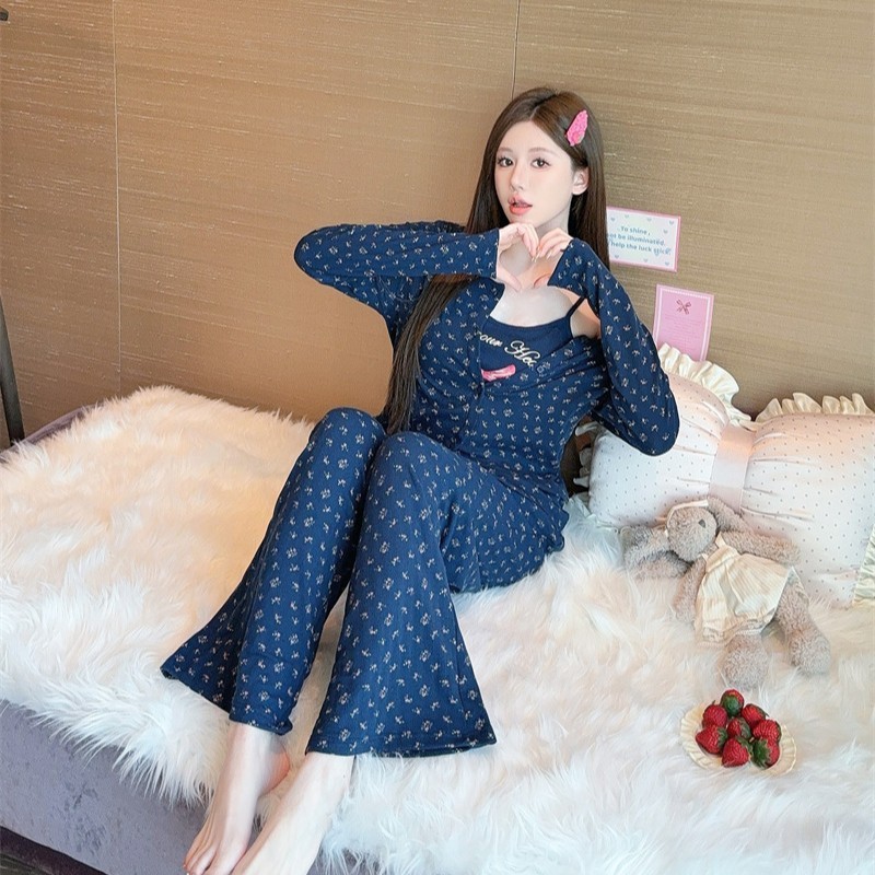 睡衣女春秋高质量提花莫代尔棉碎花蝴蝶长袖长裤吊带胸棉家居服|undefined