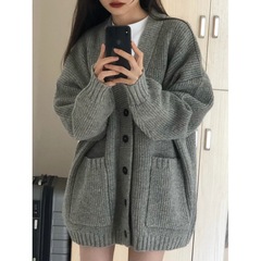 韩版穿搭风针织毛衣女秋冬季新款外搭宽松慵懒感领开衫外套潮