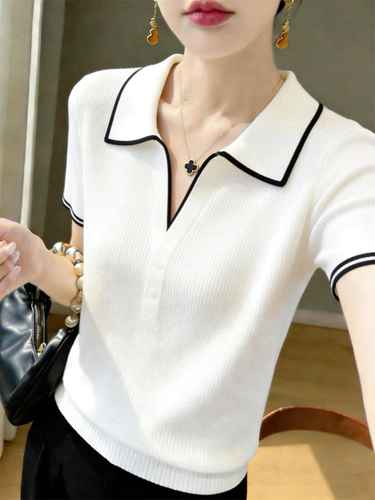 Áo thun nữ cổ polo phối sọc tay ngắn dệt kim phong cách Chanel — màu trắng ngà