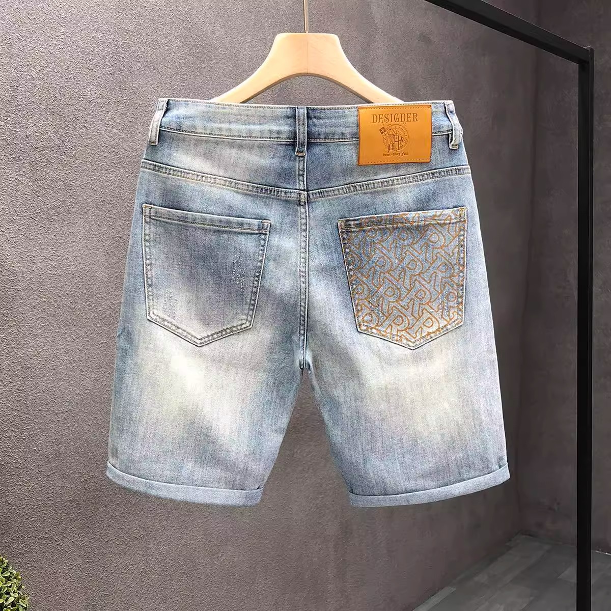 Light Blue Men's Distressed Denim Shorts High Waist Stylish Straight Leg Mid-Length Five Pocket Summer Trendy Clothing_mkmklike.com