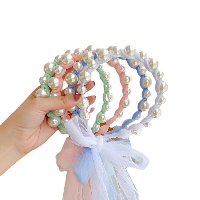 Estilo coreano niñas perla diadema Super hadas malla arco cinta princesa accesorios para el cabello atado trenza tocado niña de las flores