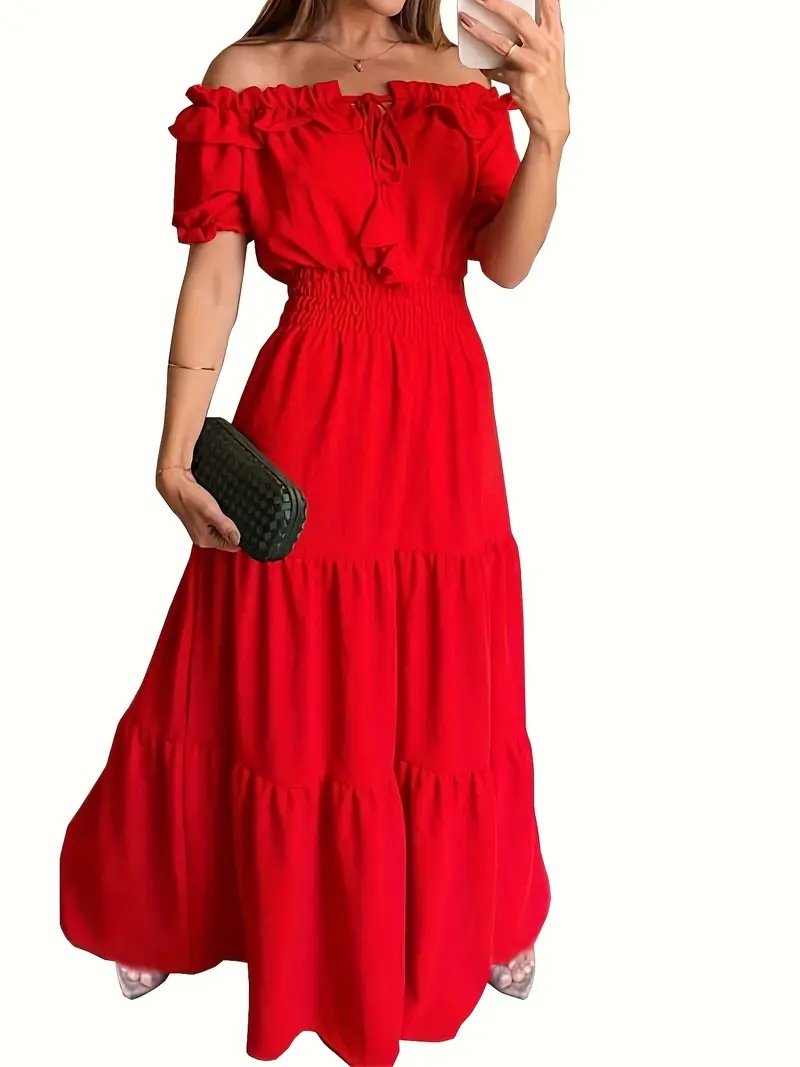 Slim Fit Type Wholesale Women's Elegant Solid Color Holiday Street Off Shoulder Short Sleeve S1562