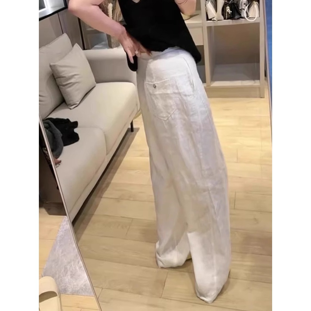 Quần ống rộng vải lanh trắng nữ dáng suông rộng rãi chất liệu lụa băng nhẹ — Màu trắng mẫu dài