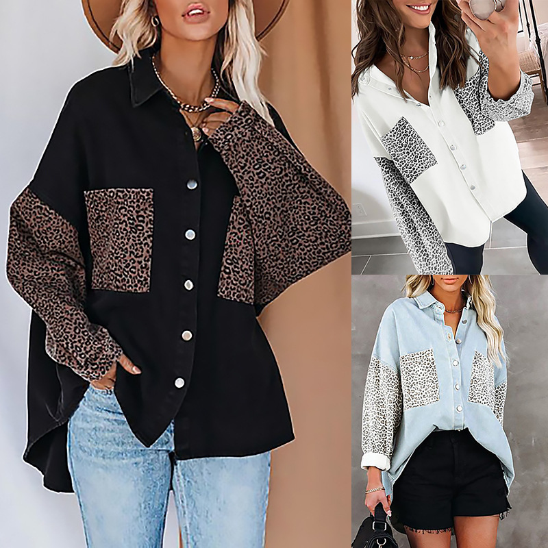 Cross-border Autumn Amazon New Shirt Coat Women's European and American Long Sleeve Pocket Leopard Print Lapel Cardigan Top