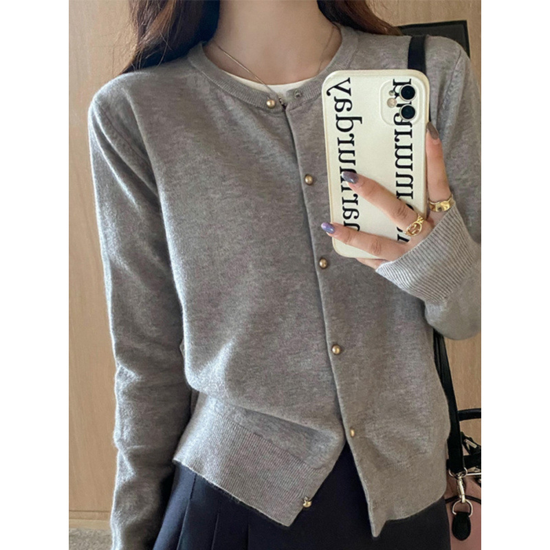 New Gray Knitted Cardigan for Women, Spring Outerwear 2026, Sweater with Round Neck, Early Autumn Thin Long-Sleeve Top New Gray Knitted Cardigan for Women, Spring Outerwear 2026, Sweater with Round Neck, Early Autumn Thin Long-Sleeve Top