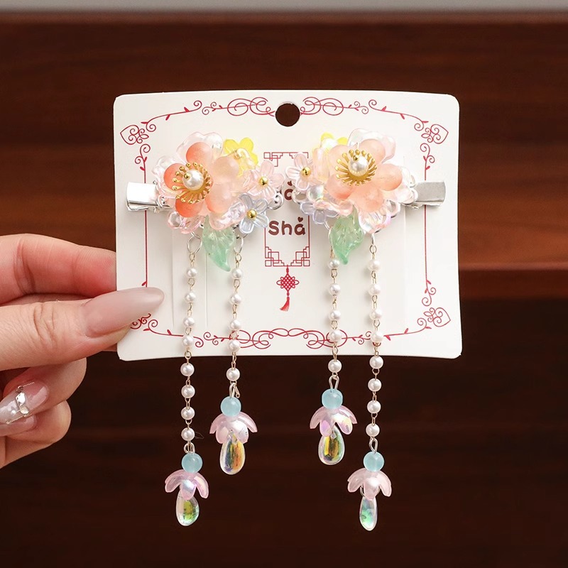 Horquilla de los niños estilo antiguo hanfu tocado lindo perla flor borla clip bebé cinta accesorios para el cabello