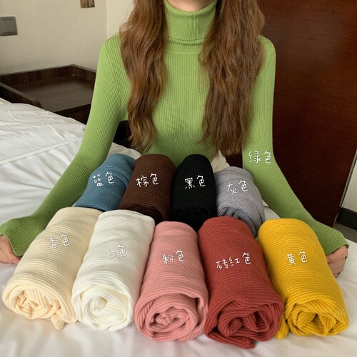  New Colorful Autumn/Winter Solid Color Basic Matchable Knit Top Classic High Collar Long Sleeve Base Shirt