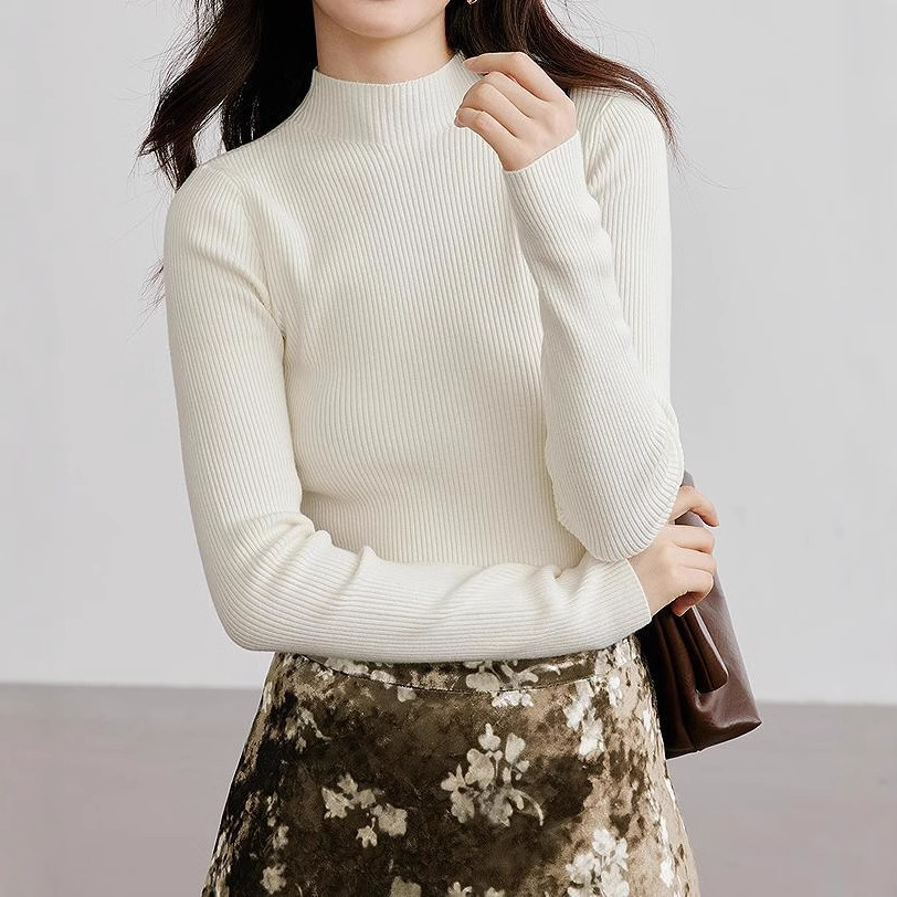 Solid color base knit sweater Autumn and winter 2024 new women's cardigan, straight shoulder slim half-high neck top