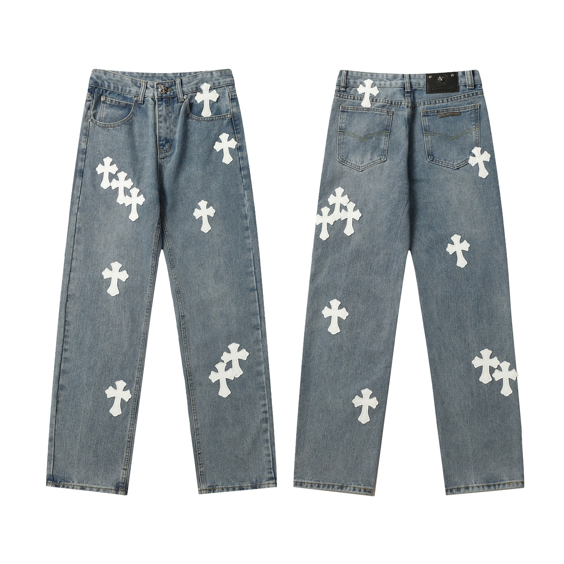 Исправленная версия джинсов с нашивкой крестом Chrome Hearts Croix, вышитые, выстиранные, оптом, дропшиппинг