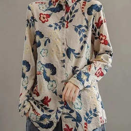 清仓捡漏~专柜大牌尾货女装民族风印花宽松休闲长袖棉麻衬衫上衣