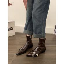 秋冬小年显法式时尚新款瘦瘦靴的女短靴众流行秋冬季尖头裸靴瘦小