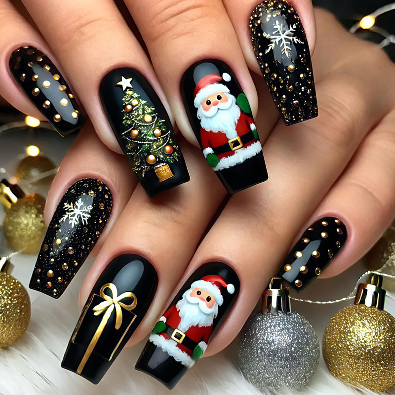 Christmas Mid-Length Glossy Black Manicure Santa Claus Christmas Fake Tree Nails Holiday Manicure Patches Christmas Mid-Length Glossy Black Manicure Santa Claus Christmas Fake Tree Nails Holiday Manicure Patches