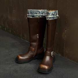现货牛皮版~真皮美拉德牛仔拼接不过膝长靴显瘦骑士靴女高筒女靴