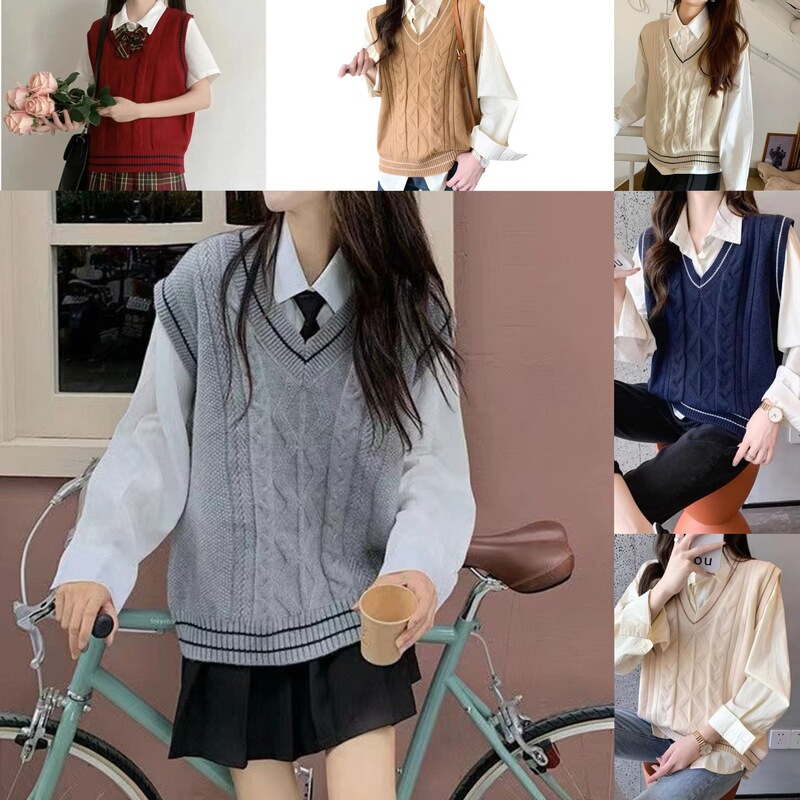 Japanese Style Retro College Style V-neck Knitted Vest Fashionable Twist Age-reducing Striped Contrast Color Sleeveless Sweater Vest for Women
