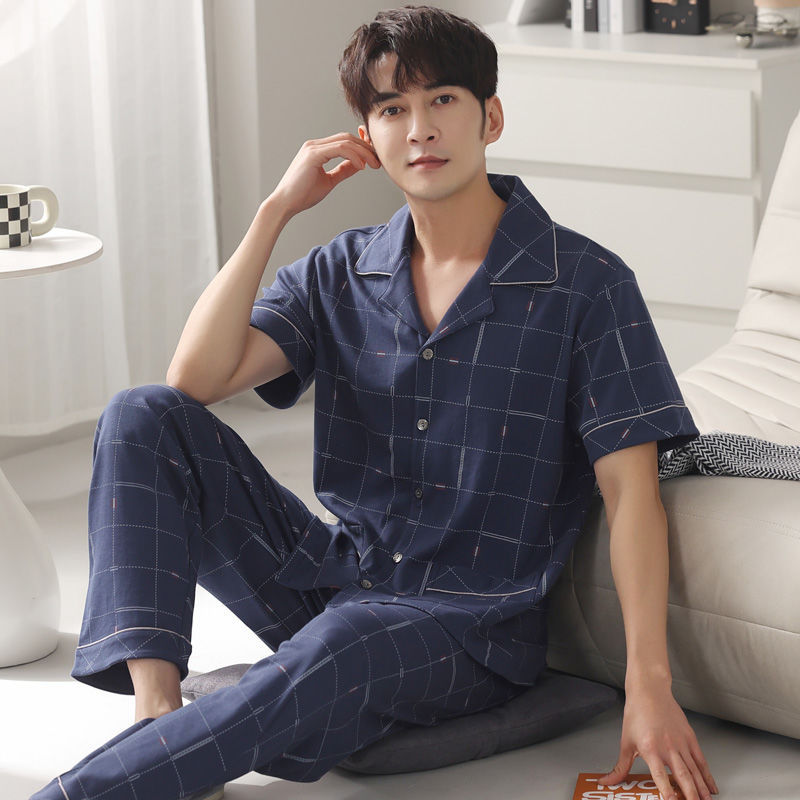 Pijamas de los hombres de verano 100% algodón pantalones de manga corta de media manga de primavera y otoño delgada cardigan ropa para el hogar más tamaño