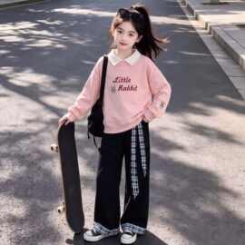 中大童2026女童春秋款卫衣时尚格纹撞色拼接阔腿裤百搭两件套装潮