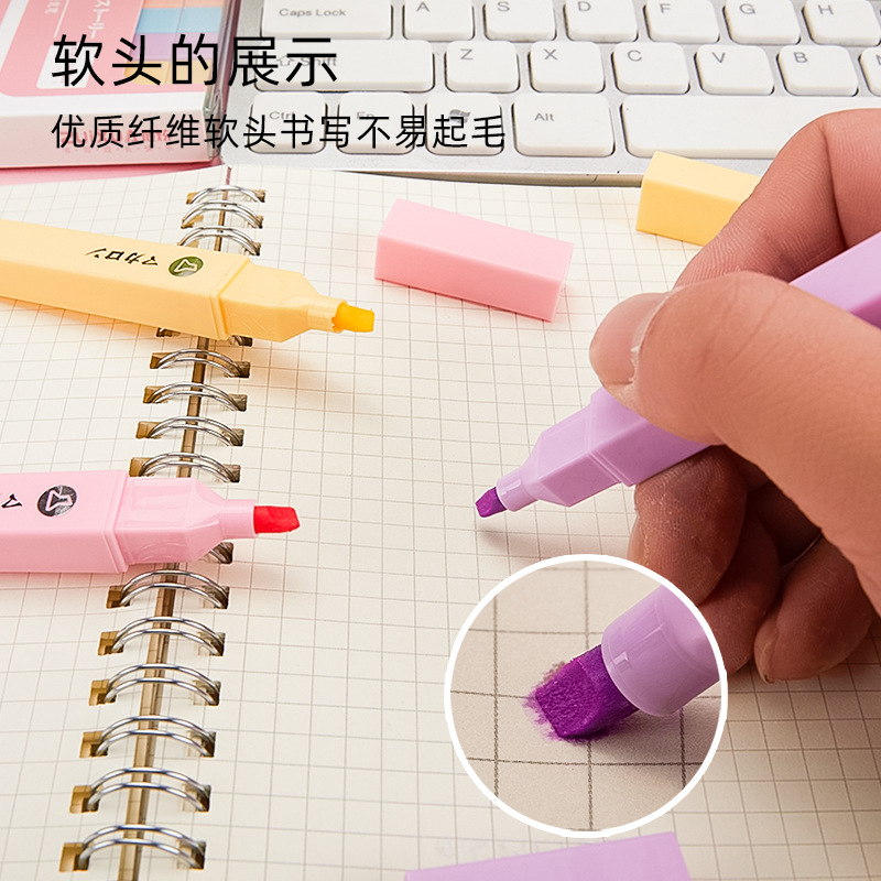 Macaron Color Series Fluorescent Pens Soft Tip 6 Colors Eye-Care Bright Highlighting Notebooks for Focusing and Student Notes
