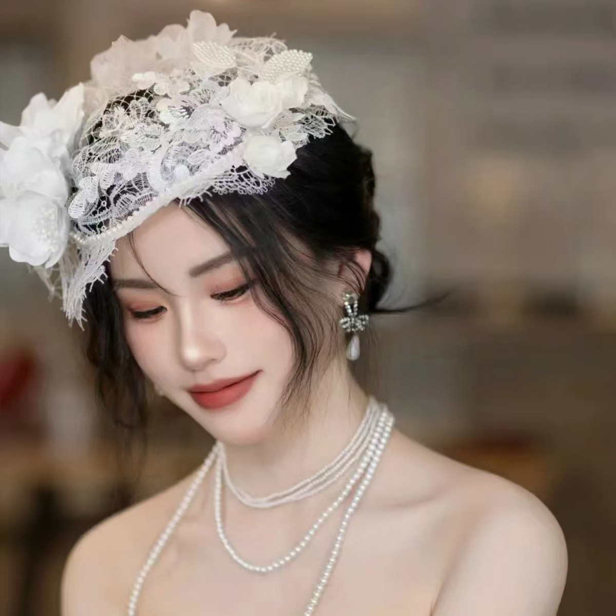 French-style vintage, ethereal, and beautiful lace and net flower hair accessories, exquisite wedding headdress, bridal headpiece for wedding makeup and styling