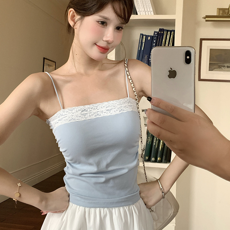 纯欲一字领辣妹蕾丝美背吊带背心女带胸垫内搭外穿无袖抹胸上衣|undefined