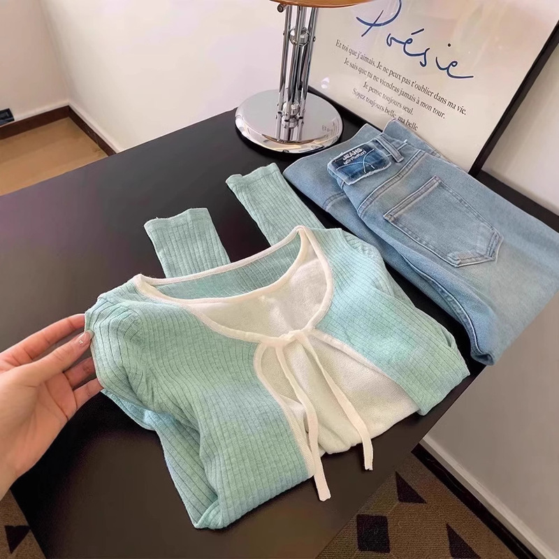 Small Fresh Green Spring Wear Top Korean Style Design Sense Gentle Lace-up Fake Two-piece Cardigan Knitwear Women's Clothing