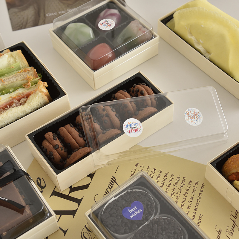 Caja de embalaje de dulces de madera desechable de madera, caja de embalaje de nieve, caja de embalaje de panadería de comida ligera con tapa