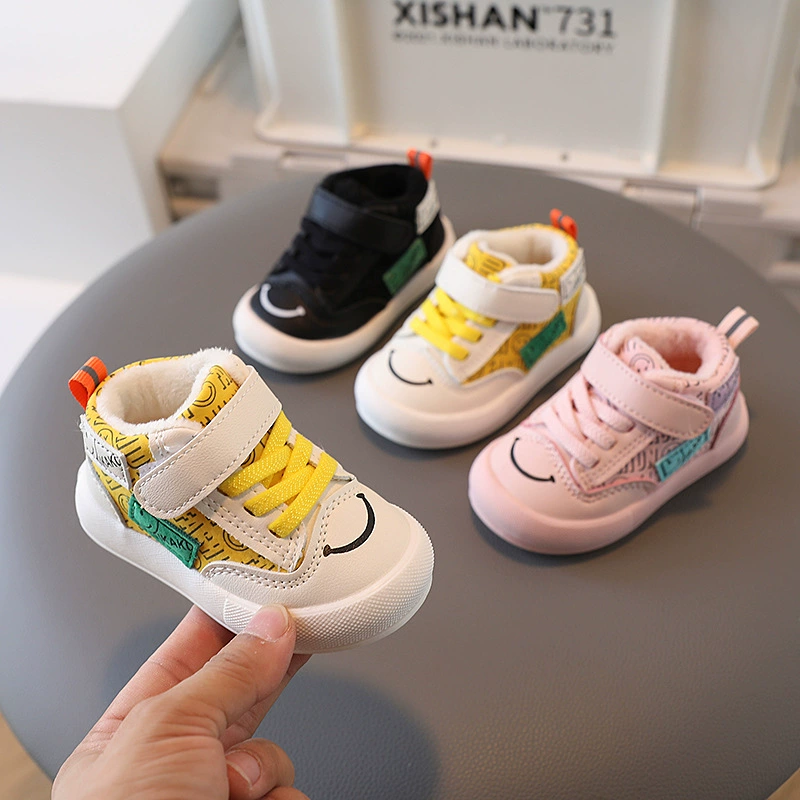 Детская Белая обувь, осенне-зимняя флисовая подкладка из двух хлопка для маленьких девочек, обувь для малышей, обувь для мальчиков на мягкой подошве, Спортивная хлопковая обувь