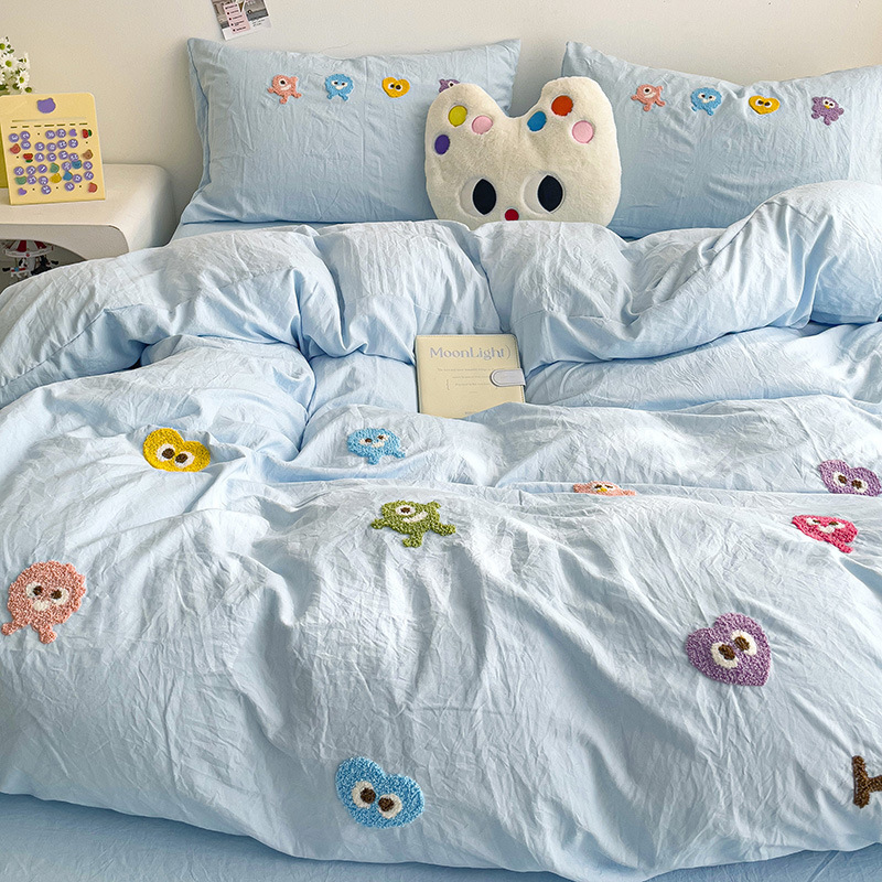 スーパーソフトウォッシュコットンタオル刺繍4点セット2025新作子供用掛け布団カバーシーツ学生寮シーツ3点セット|undefined