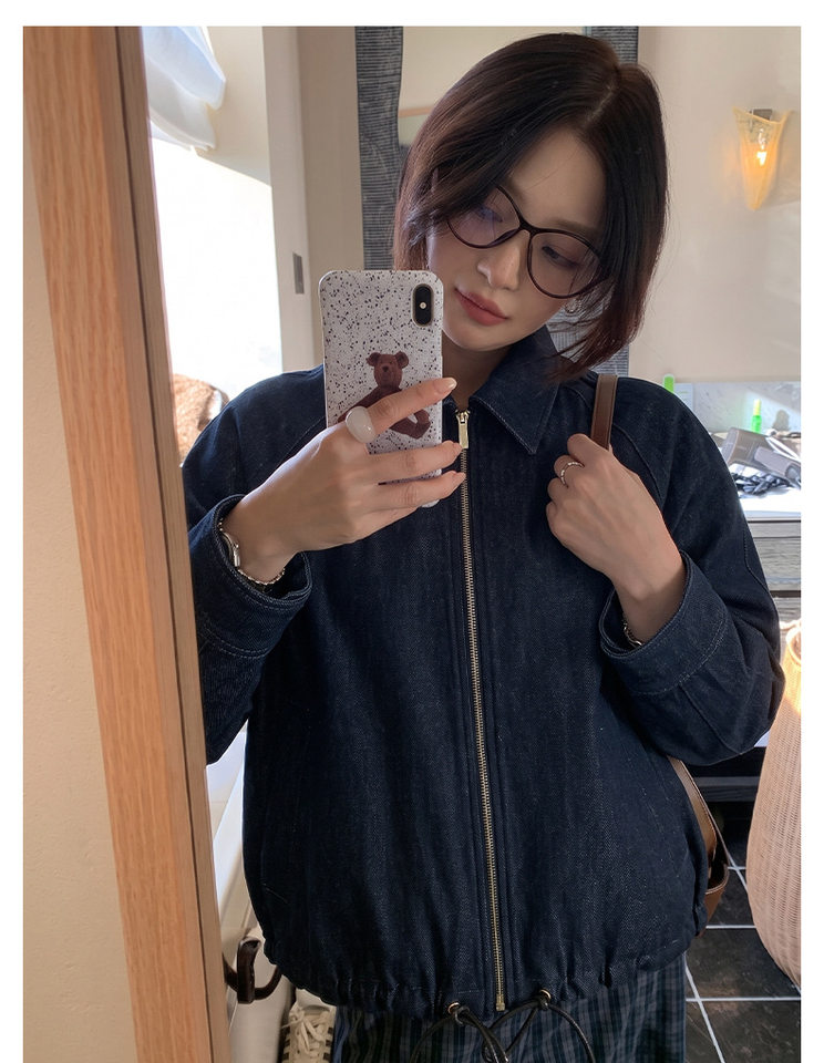 Áo khoác denim nữ dáng thông thường, dài tay, cổ bẻ, có dây rút, phong cách công sở — Màu tím than chi tiết 12