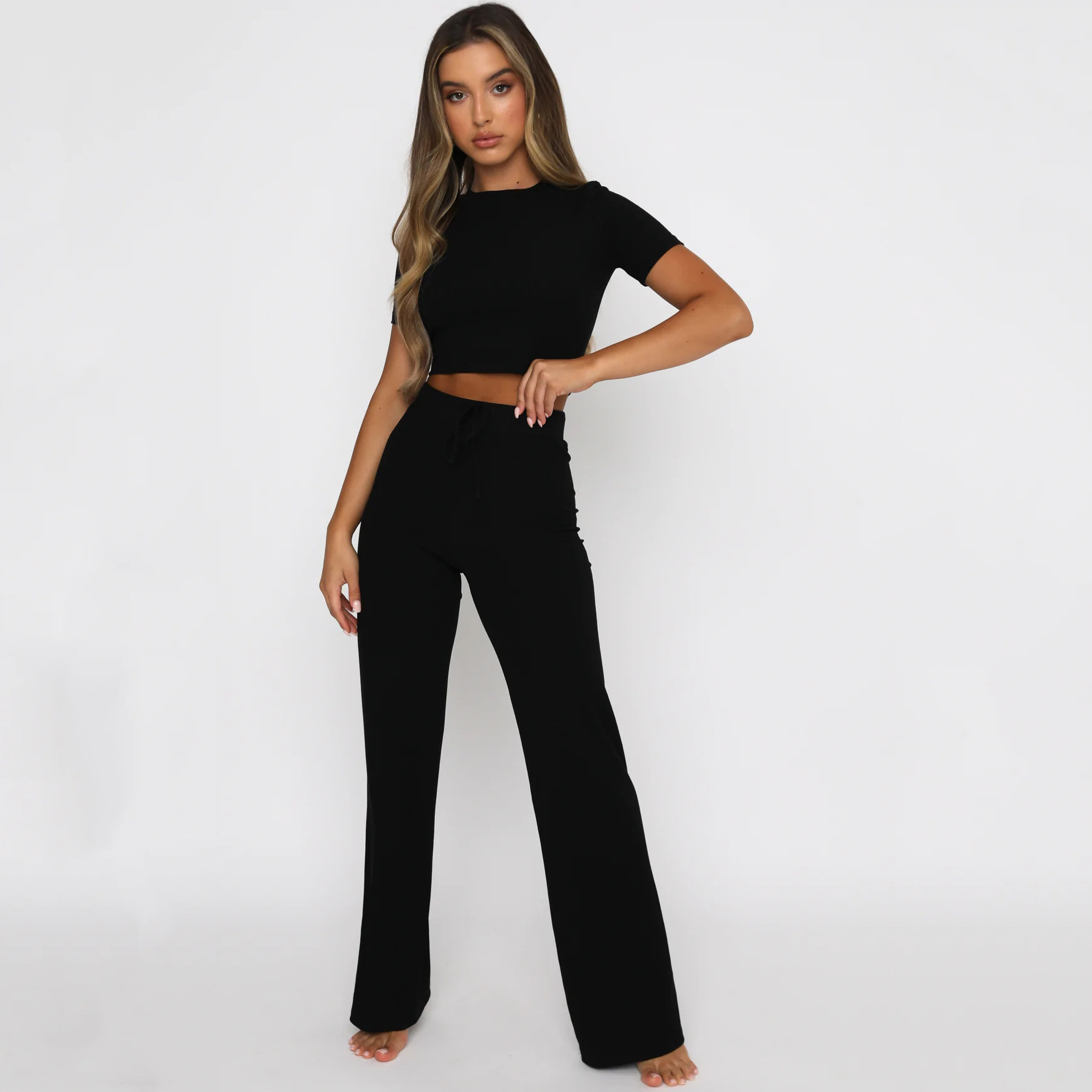 350g Weight Short Sleeve Sleeve Length Polyester Fabric Type Pant Co-ord Set Sets Type 2 Pieces Set Quantity Holiday, Daily Occasion Round Neck Neckline Slim Fit Type Solid Color Pattern Spring Season Women's Gender Streetwear Style Holiday Daily Women's Streetwear Solid Color Polyester Pant Co-ord Set Pants Sets 28